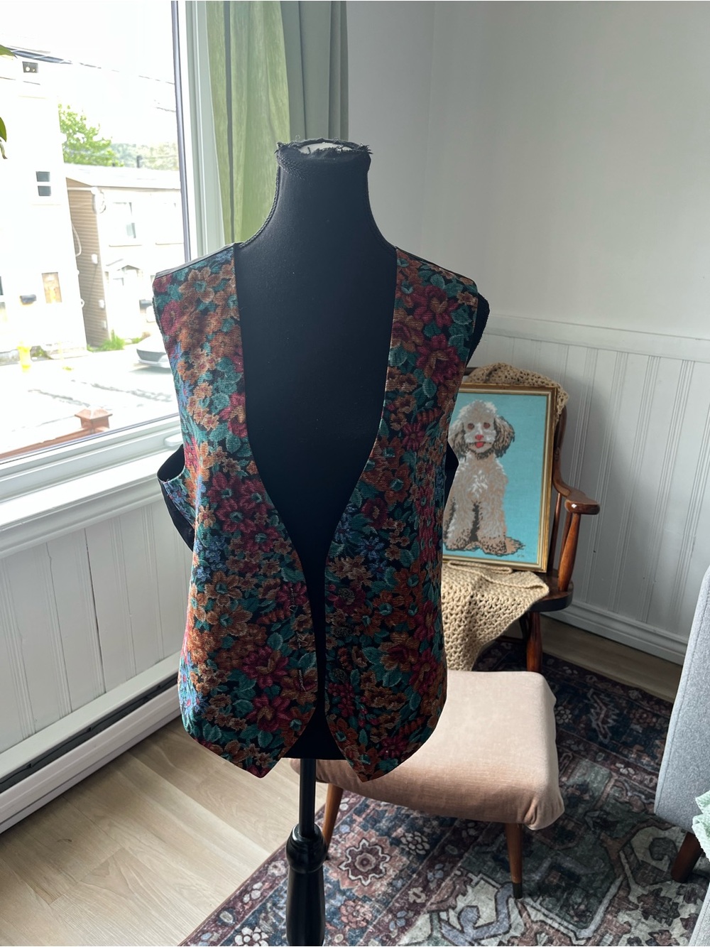 Women’s Vintage Quilted Floral Tapestry Vest in Teal, Rust & Black M